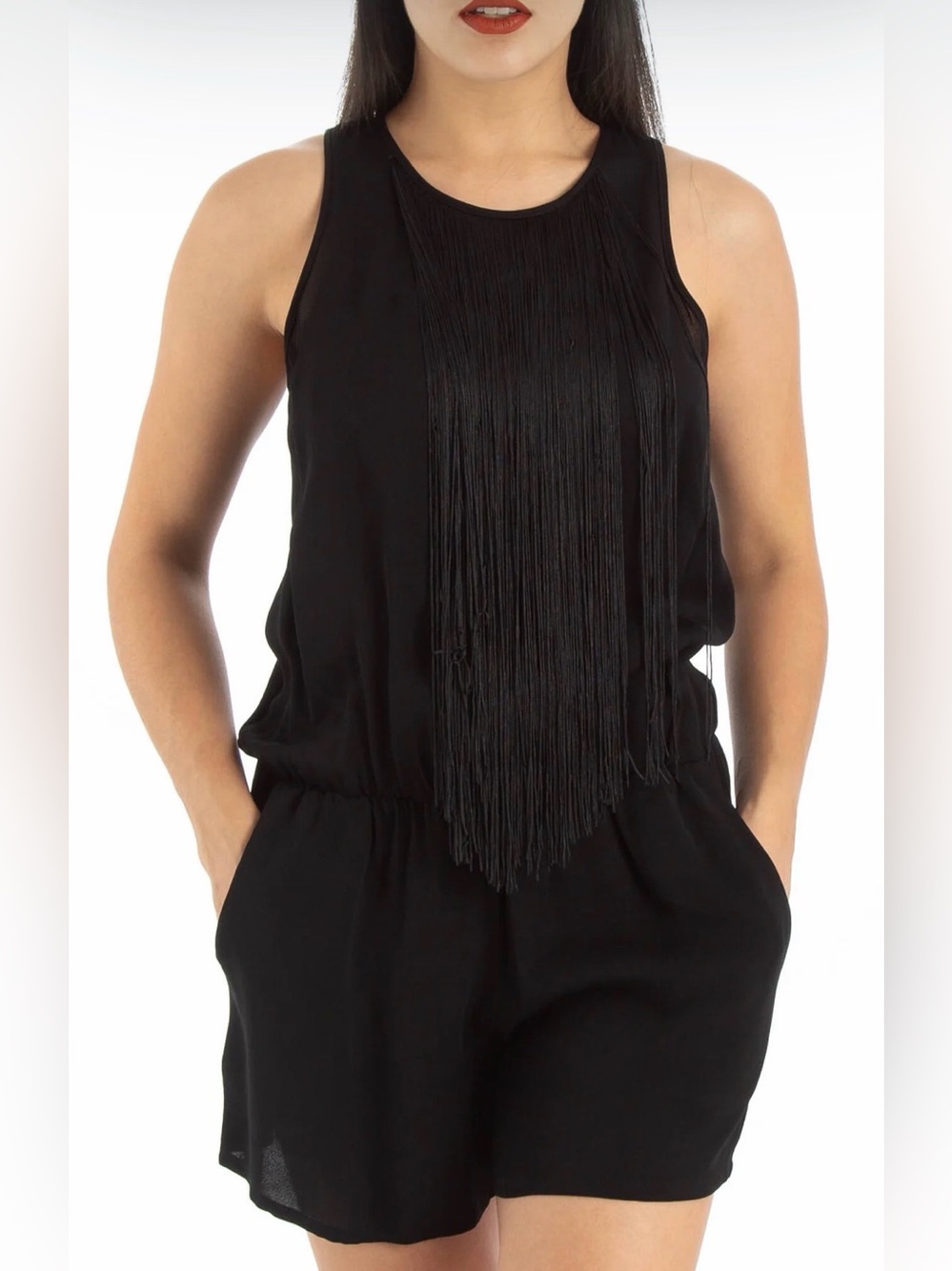 Karina Grimaldi Black Sleeveless Fringe Romper - Womens Size M - NWOT